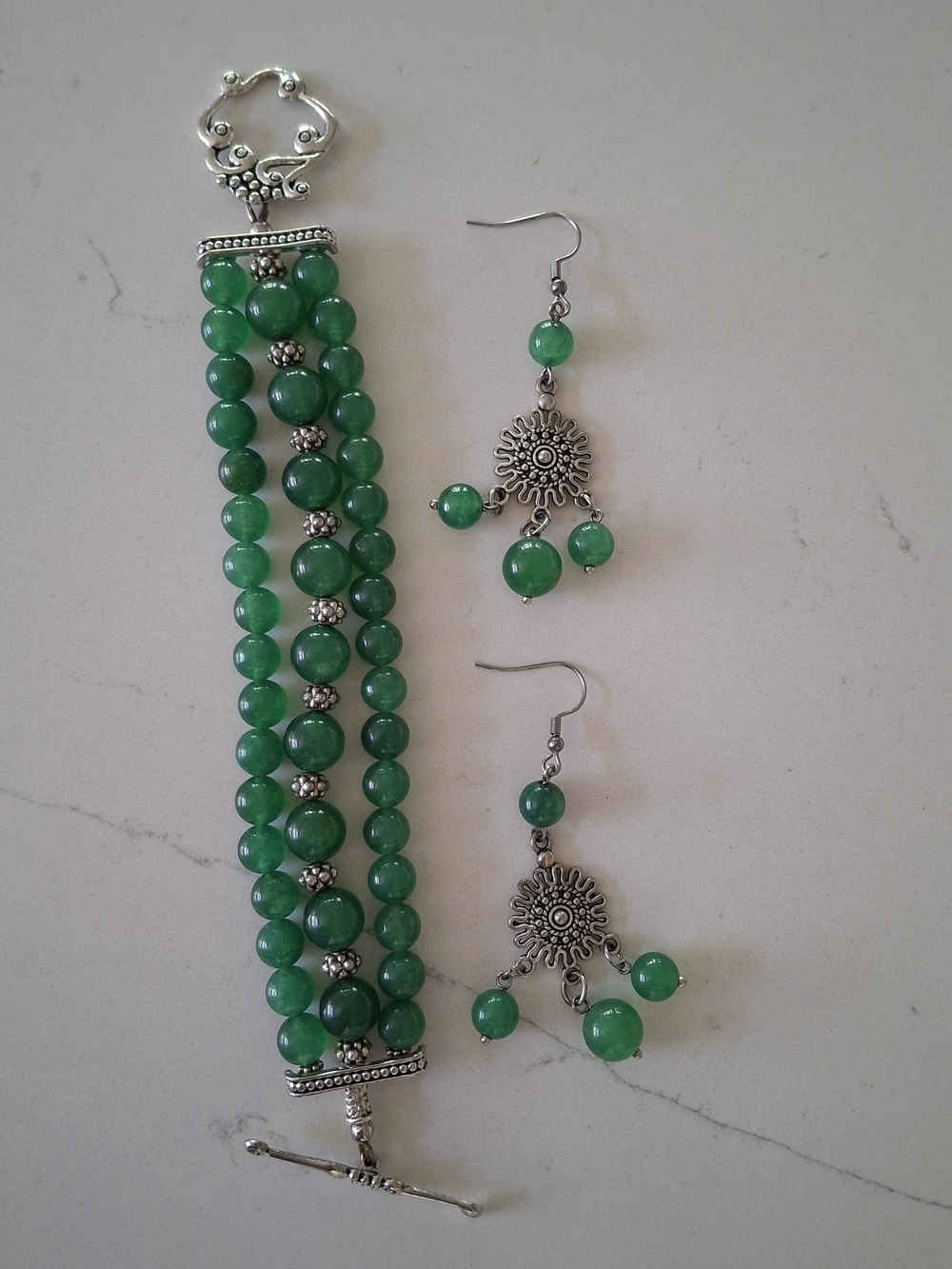 2-Pc Handcrafted Green Aventurine Beaded Boho Bracelet & Earrings Set - EUC